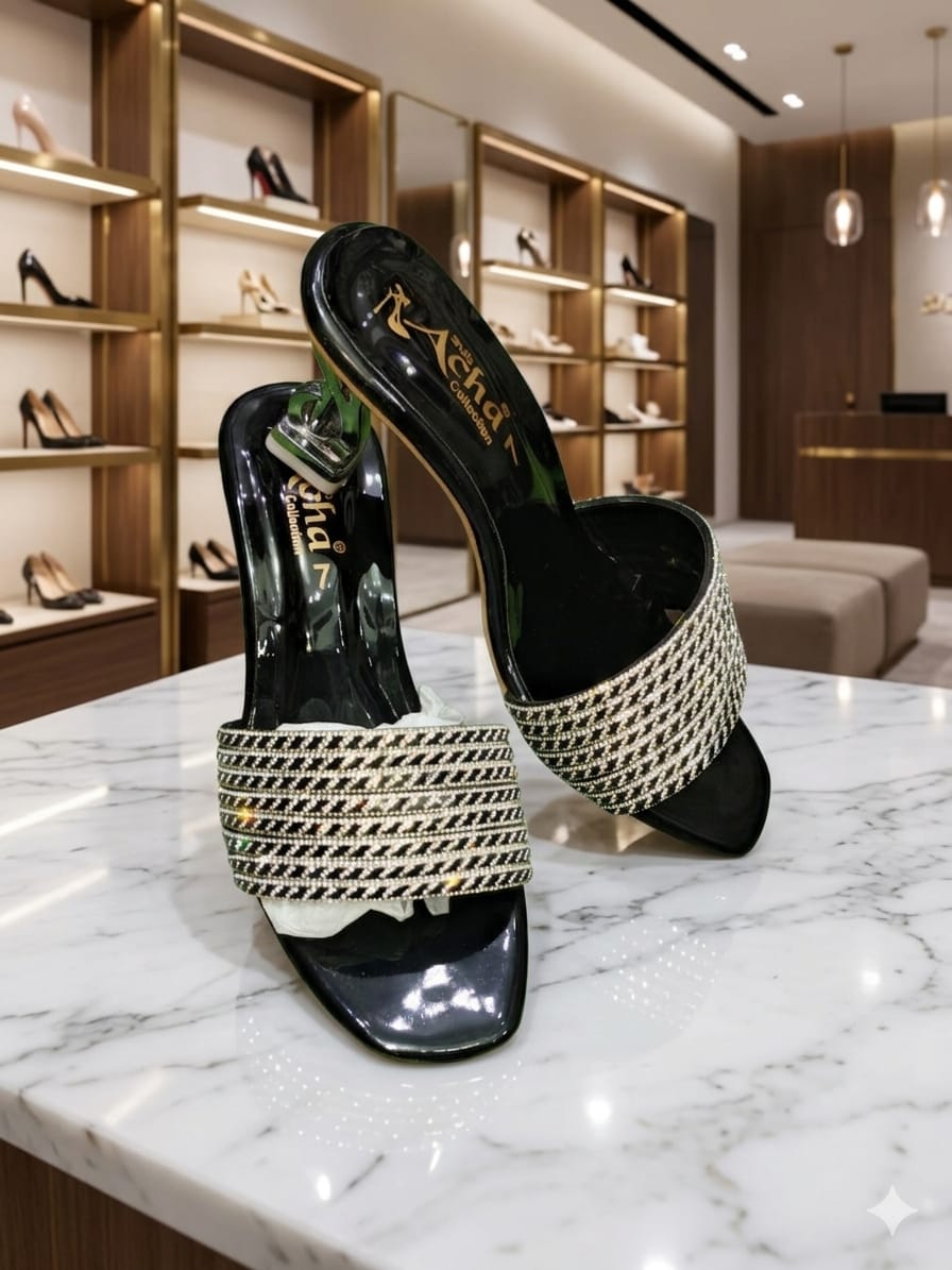 Stylish Textured Strap Heeled Slip-On Shoes