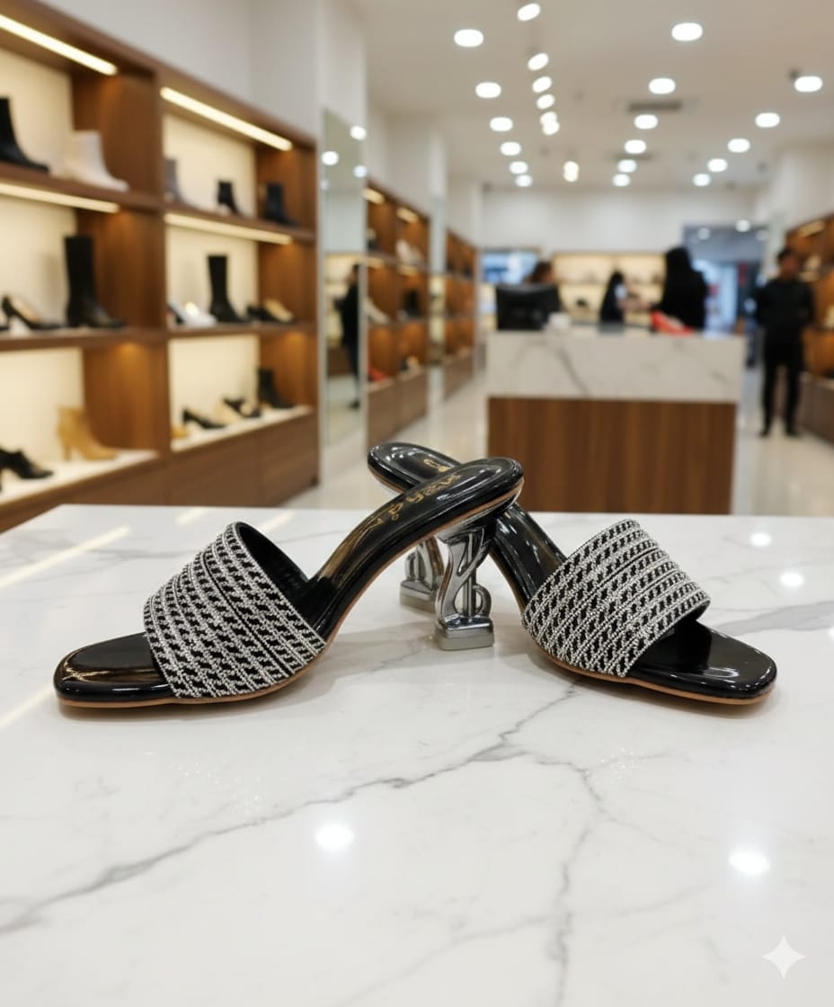 Stylish Textured Strap Heeled Slip-On Shoes