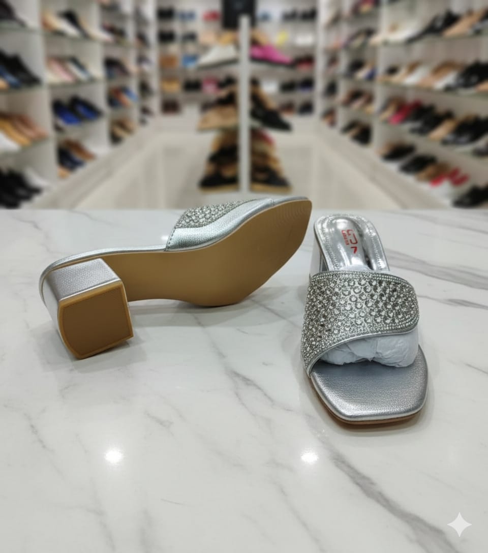 Luxury Silver Rhinestone Block Heel Slides for Women